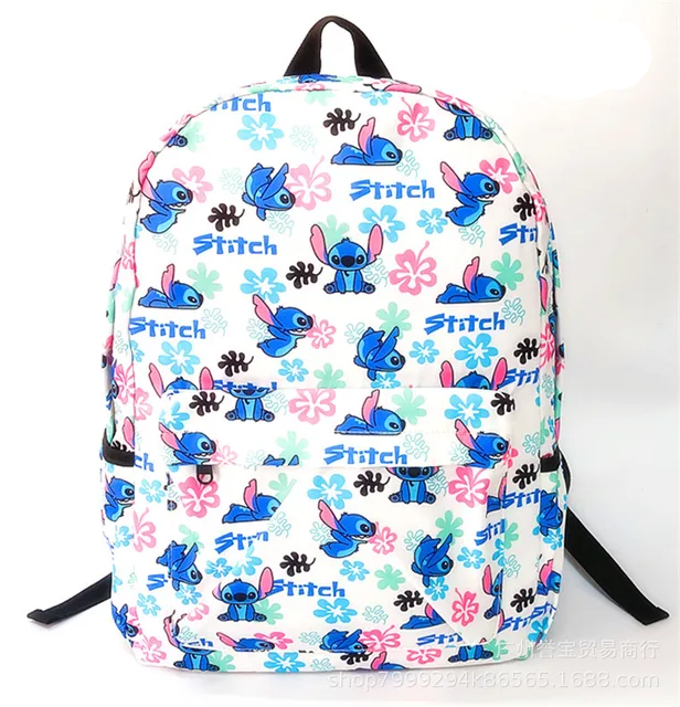 Stitch Backpack DN Cute Stitch Pose Flower Pattern Backpacks White Blue