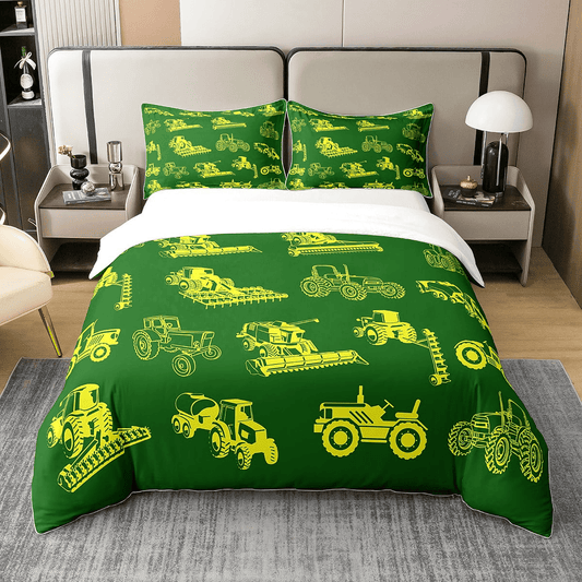 Farmer Bedding Set Farming Equipment Vehicle Pattern Duvet Covers Green Unique Gift