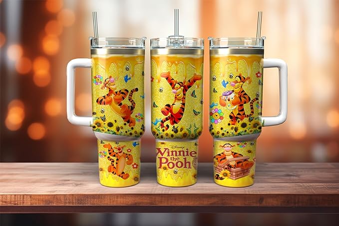 WTP 40 Oz Tumbler Tigger With Flowers And Butterflies Tumbler 40 Oz Yellow Orange