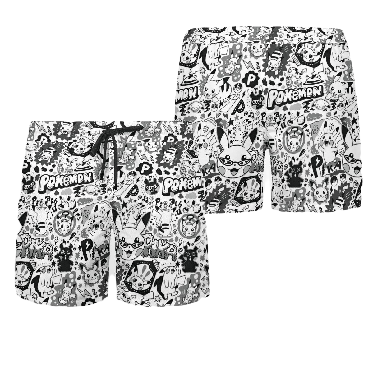 PKM Shorts Chibi PKM Pikachu Doodle Pattern Beach Shorts Black White