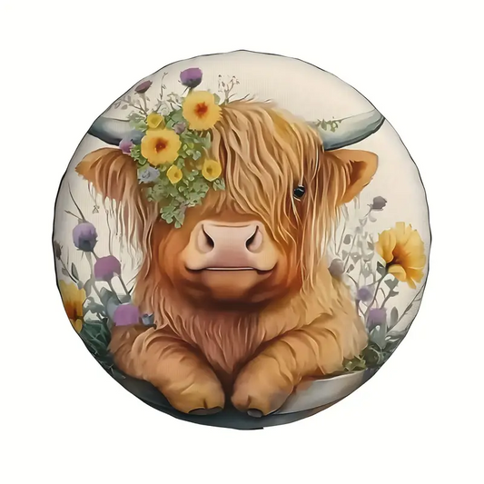 Cow Spare Tire Cover Highland Cattle With Flower On Head Tire Covers Brown