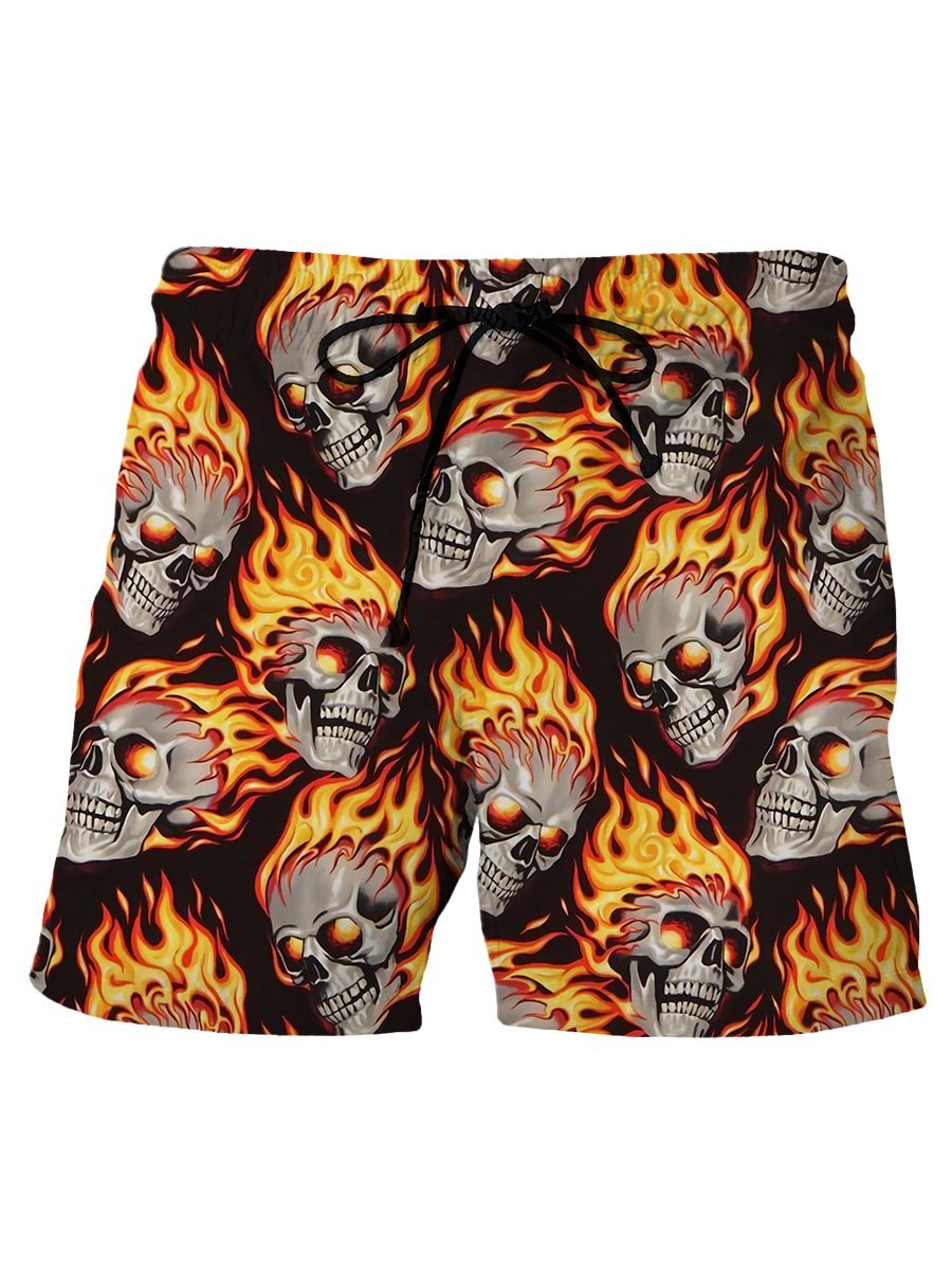 Skull Shorts Cool Skulls On Fire Pattern Beach Shorts Orange Black