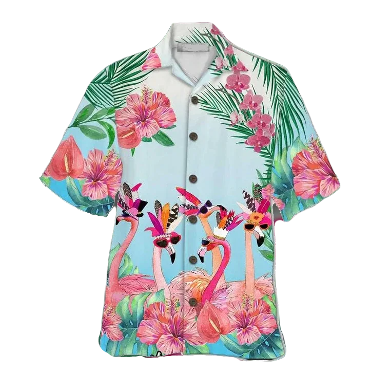 Flamingo Hawaii Shirt Cool Glasses Flamingo Graphic Hawaiian Shirt Pink Blue Unisex