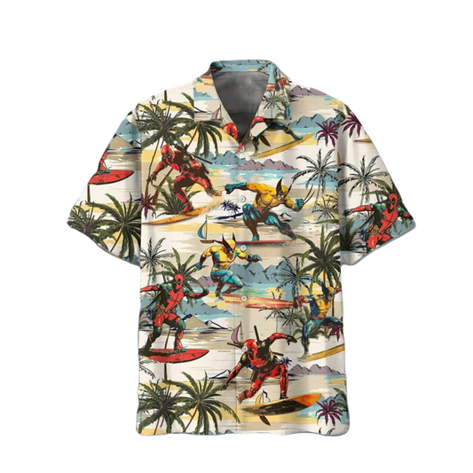 DP Hawaii Shirt MV DP And Wolverine On Surfboard Pattern Hawaiian Shirt Colorful Unisex