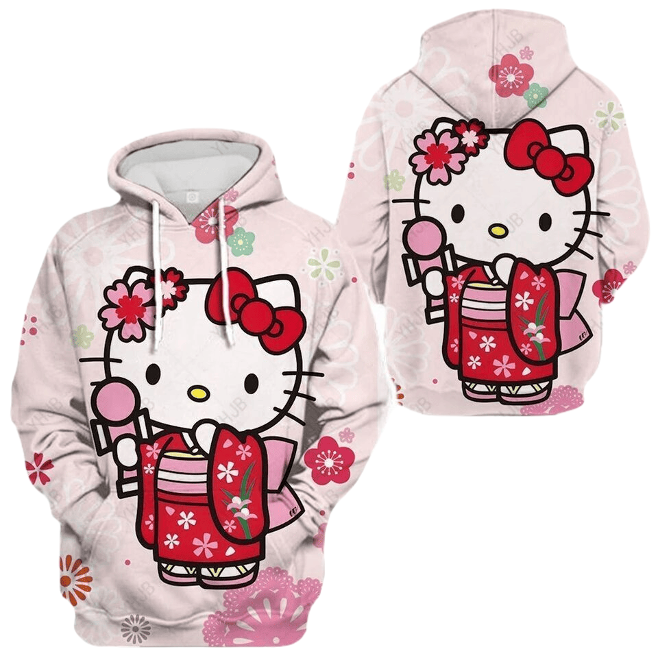 Hello Kitty Hoodie Hello Kitty Yukata Flower Pattern Hoodie Red Pink Unisex