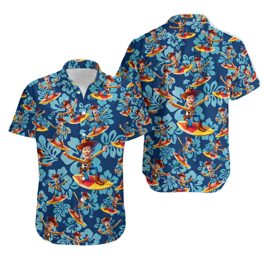 Toy Story Hawaii Shirt DN Woody Surfing Tropical Flower Pattern Hawaiian Shirt Blue Unisex