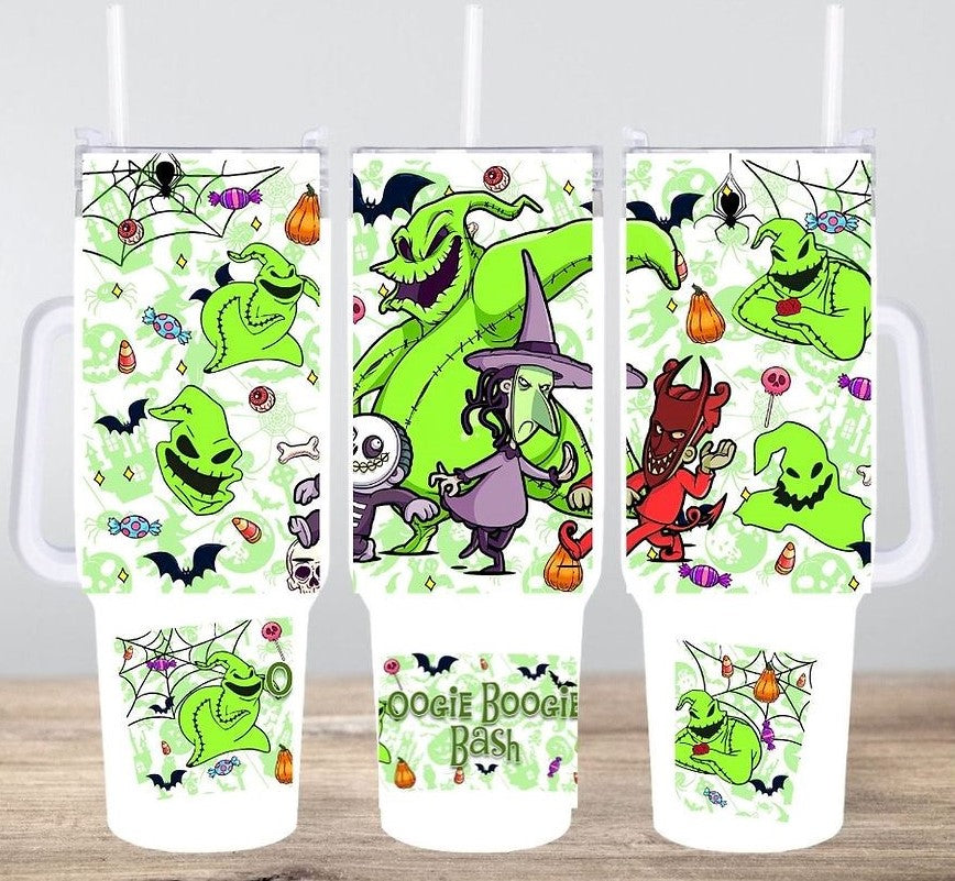 TNBC 40 Oz Tumbler Oogie Boogie Bash Spider Web Pattern Tumbler 40 Oz White Green