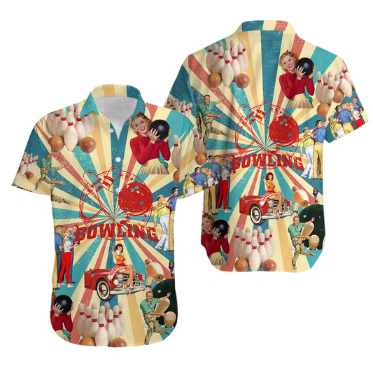 Bowling Hawaii Shirt Bowling Pins Palyer Vintage 1990 Hawaiian Shirt Colorful Unisex