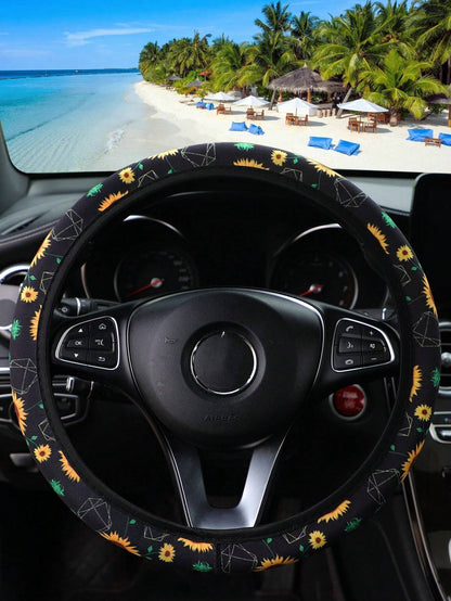 Sunflower Steering Wheel Cover Sunflower Geometry Graphic Pattern Driving Wheel Cover Black