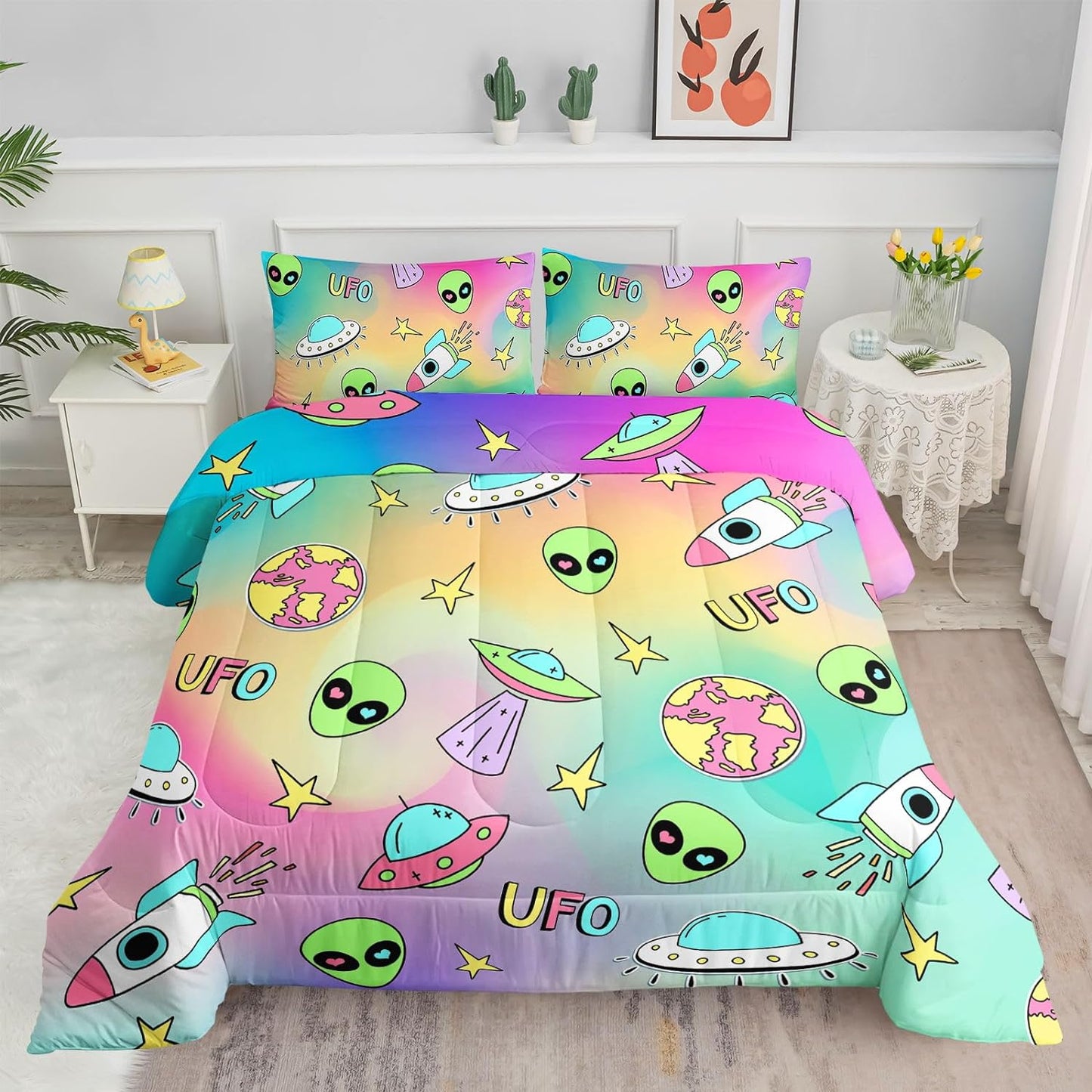 UFO Bedding Set UFO Spaceship Earth Pattern Duvet Covers Colorful Unique Gift