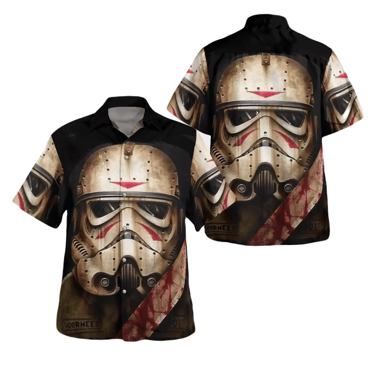 SW Hawaii Shirt Halloween Stormtrooper Face Graphic Hawaiian Shirt Black Brown Unisex