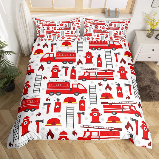 Firefighter Bedding Set Fire Truck Helmet Ladder Fire Extinguisher Pattern Duvet Covers White Red Unique Gift