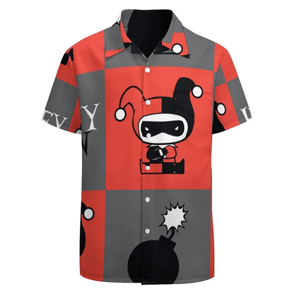 Harley Quinn Hawaii Shirt DC Chibi Harley Quinn Checker Pattern Hawaiian Shirt Gray Red Unisex