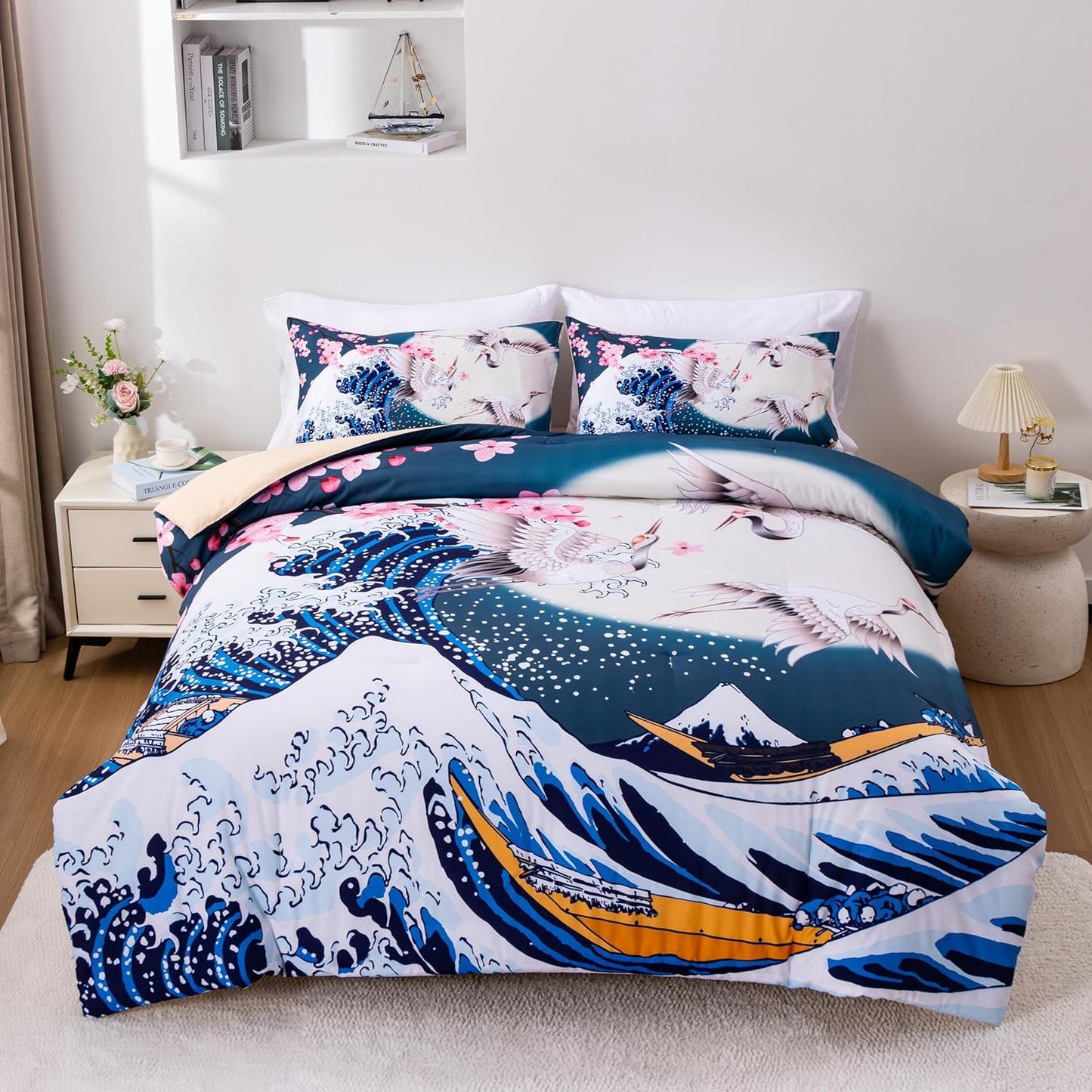 Japan Bedding Set Cherry Blossoms Crane And The Great Wave Duvet Covers Blue White Unique Gift