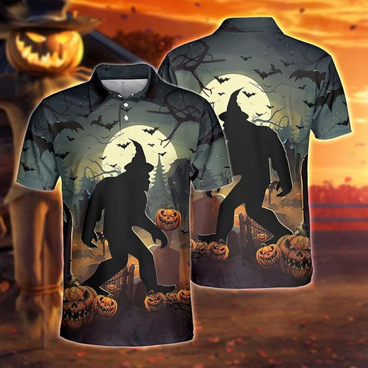 Bigfoot Polo Shirt Halloween Bigfoot With Witch Hat Polo Tees Black Orange