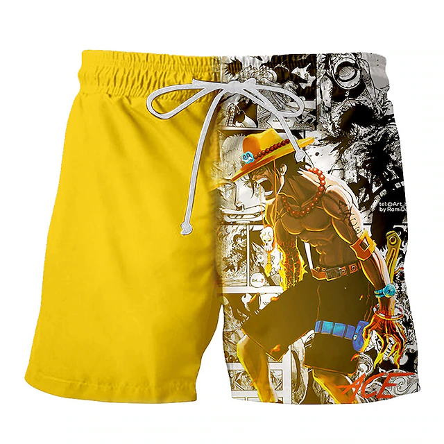 One Piece Shorts Portgas D Ace Graphic Manga Pattern Beach Shorts Yellow White