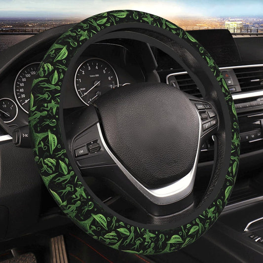 UFO Steering Wheel Cover Alien And Ufo On Another Plant Driving Wheel Cover Black Green