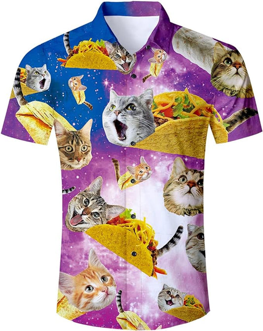 Funny Hawaii Shirt Cat With Tacos In Galaxy Pattern Hawaiian Shirt Colorful Unisex