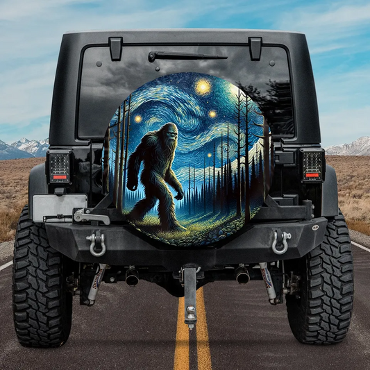 Bigfoot Spare Tire Cover Bigfoot In Forest Starry Night Tire Covers Black Blue