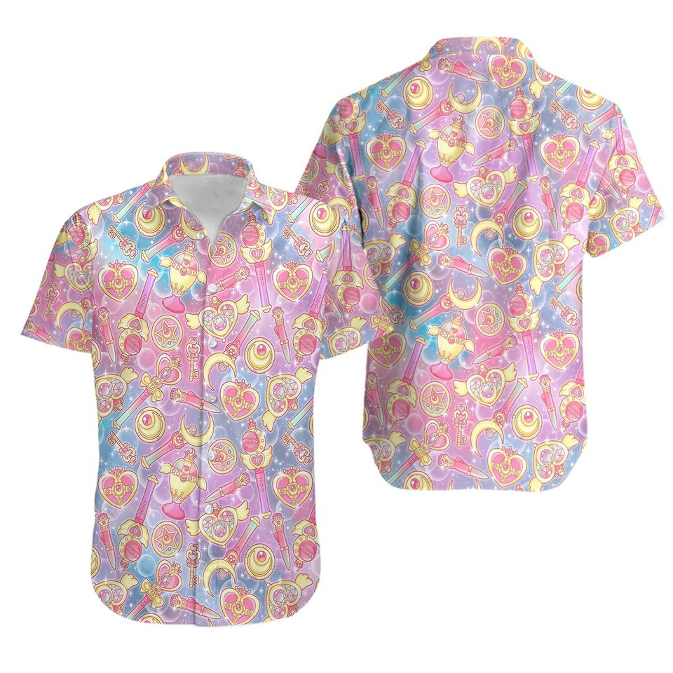 Sailor Moon Hawaii Shirt Sailor Moon Stitck Compact Brooch Pattern Hawaiian Shirt Pink Unisex