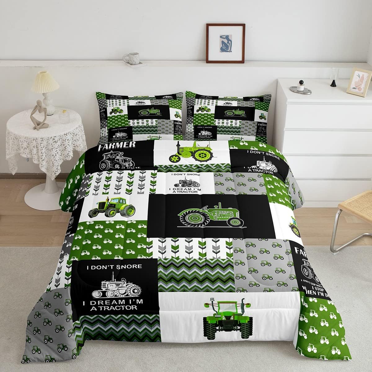 Farmer Bedding Set I Dream I'm A Tractor Duvet Covers Green Black Unique Gift