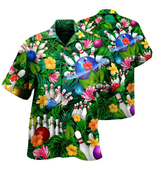 Bowling Hawaii Shirt Bowling Pin Ball Tropical Flower Leaves Hawaiian Shirt Colorful Unisex