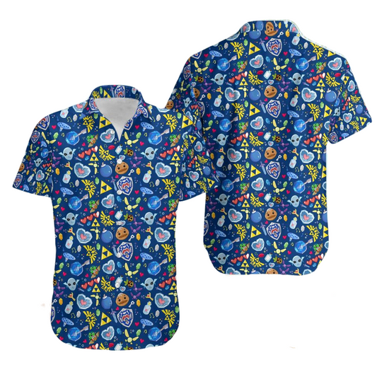 Legend Of Zelda Hawaii Shirt Legend Of Zelda Heart Shield Items Pattern Hawaiian Shirt Blue Unisex