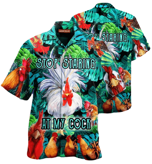 Funny Hawaii Shirt Stop Staring At My Cock Tropical Pattern Hawaiian Shirt Green Unisex