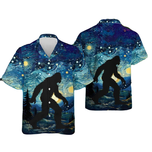 Bigfoot Hawaii Shirt Bigfoot Silhouette Starry Night In Forest Hawaiian Shirt Black Blue Unisex