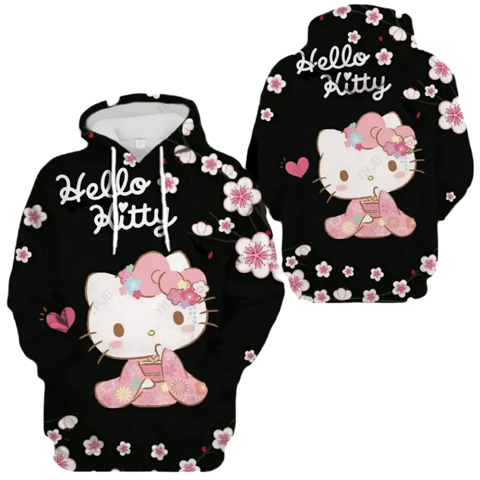 Hello Kitty Hoodie Hello Kitty In Kimono Cherry Blossom Pattern Hoodie Black Pink Unisex