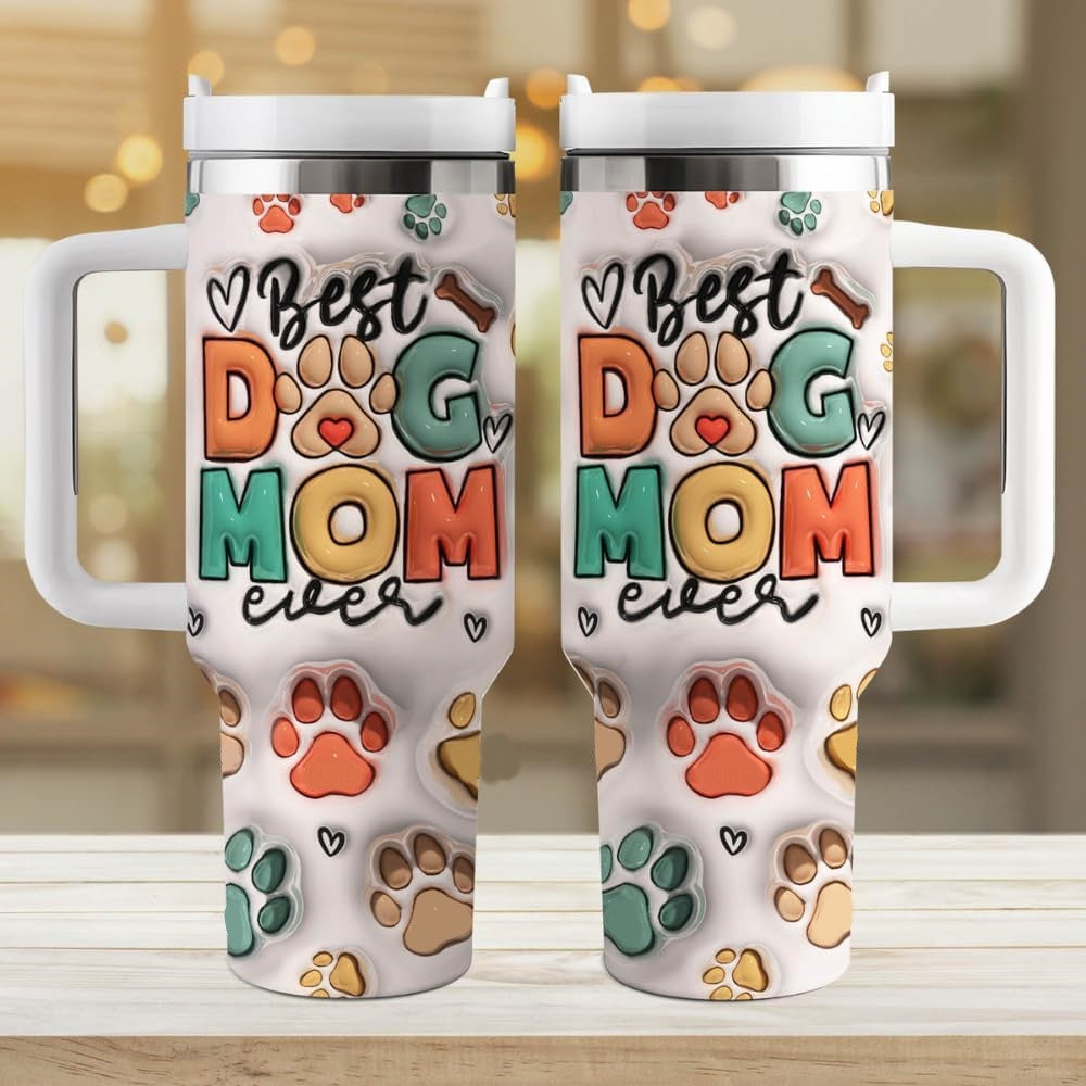 Dog 40 Oz Tumbler Best Dog Mom Ever Pawprint Pattern Tumbler 40 Oz Colorful