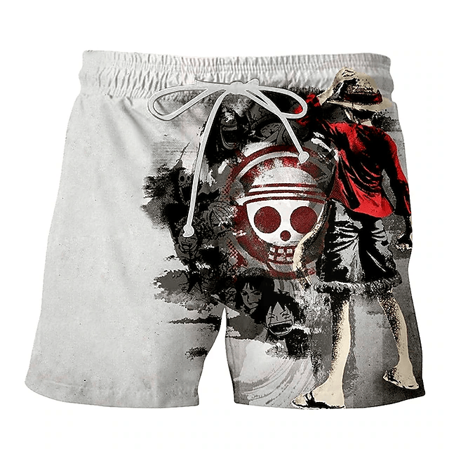 One Piece Shorts One Piece Monkey D Luffy Art Beach Shorts White Black