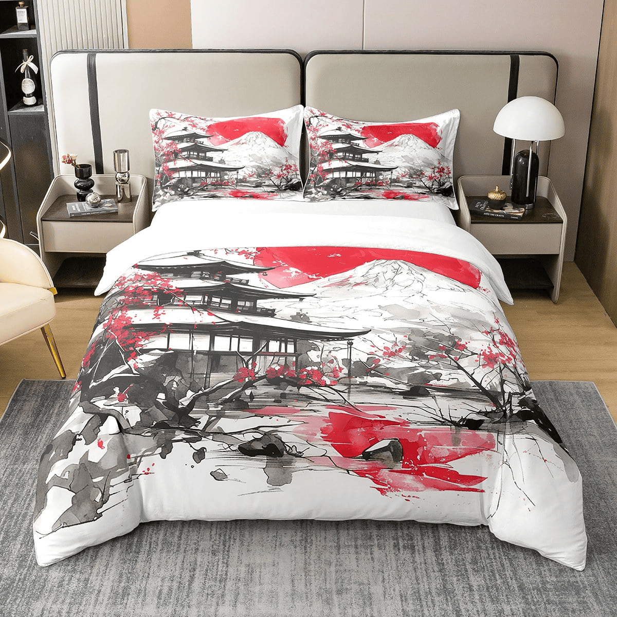 Japan Bedding Set Cherry Blossoms And Mount Fuji Duvet Covers White Red Unique Gift