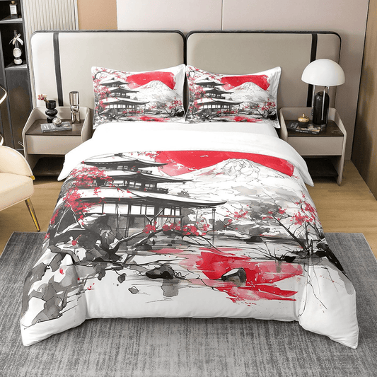 Japan Bedding Set Cherry Blossoms And Mount Fuji Duvet Covers White Red Unique Gift