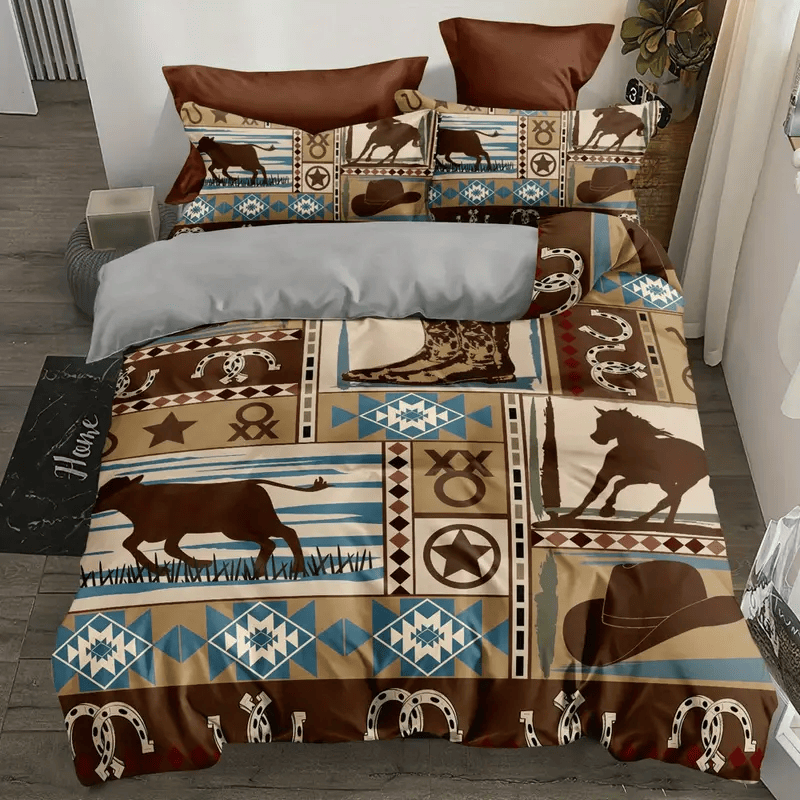 Farmer Bedding Set Cowboy Horse Hat Pattern Duvet Covers Brown Unique Gift