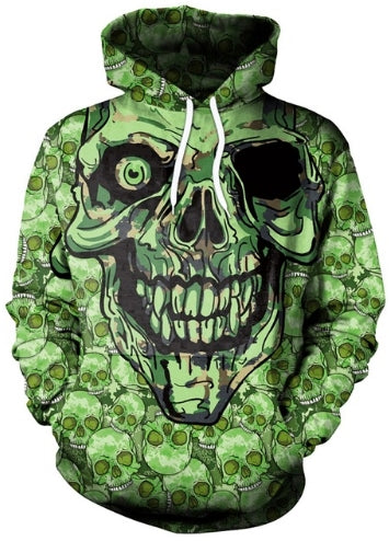 Zombie Hoodie Zombie Skull Doodle Pattern Hoodie Green Unisex