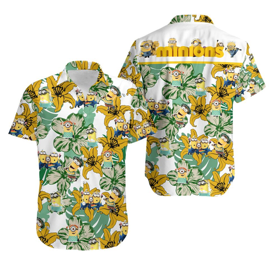 Minions Hawaii Shirt Funny Minions Lily Flower Pattern Hawaiian Shirt Yellow Green Unisex