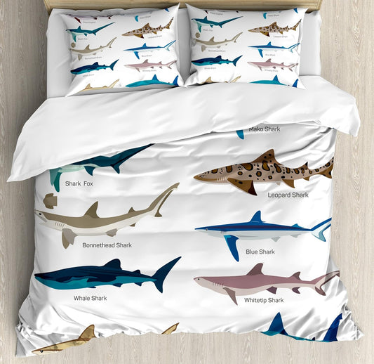 Shark Bedding Set Types Of Sharks Pattern Duvet Covers White Unique Gift