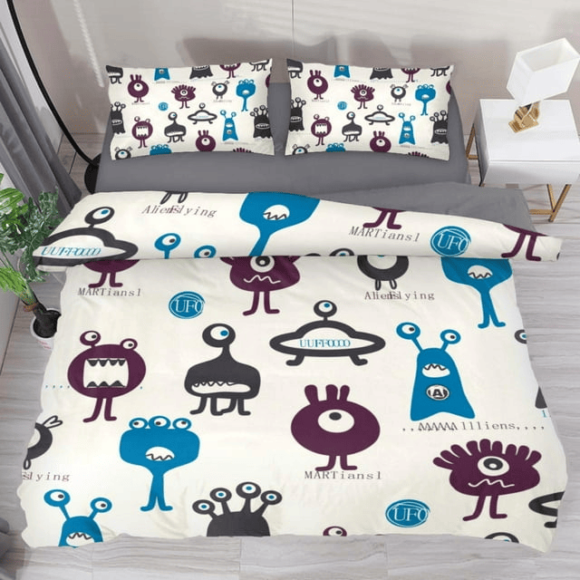 Alien Bedding Set All Types Of Monster Alien Pattern Duvet Covers White Unique Gift