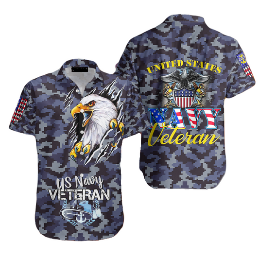 Veteran Hawaii Shirt US Navy Veteran Symbol Eagle And Camo Pattern Hawaiian Shirt Blue Unisex