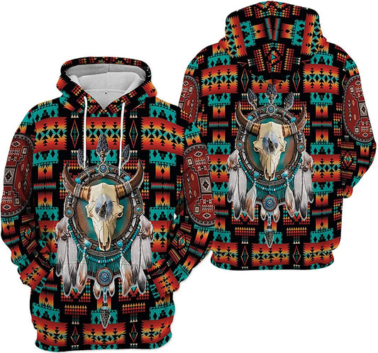 Native American Hoodie Native American Bison Skull Dreamcatcher Aztec Hoodie Brown Unisex