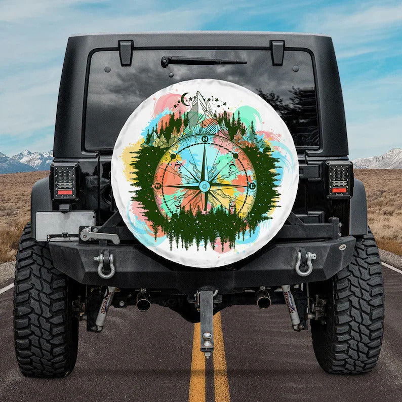 Camping Spare Tire Cover Mountain Antique Compass And Wind Rose Tire Covers Colorful