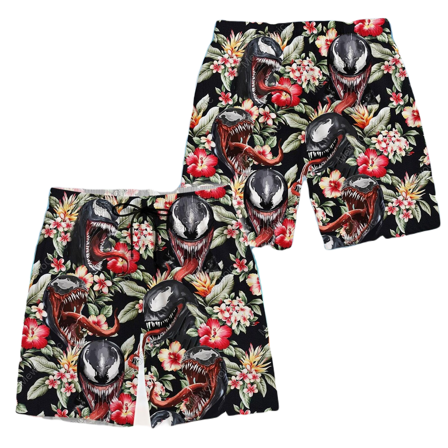 Venom Shorts Venom Tropical Hibiscus Flower Pattern Beach Shorts Black Red