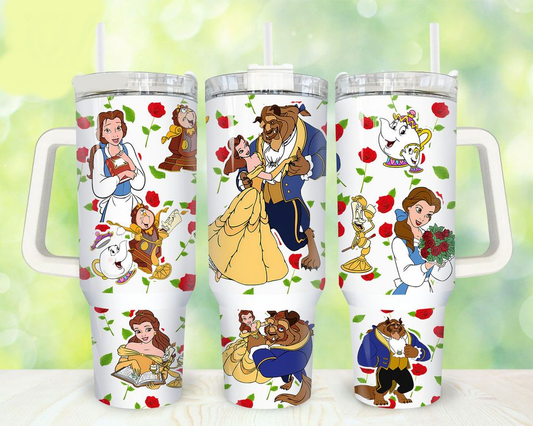 Beauty And The Beast 40 Oz Tumbler Belle Dancing Characters Roses Pattern Tumbler 40 Oz Colorful