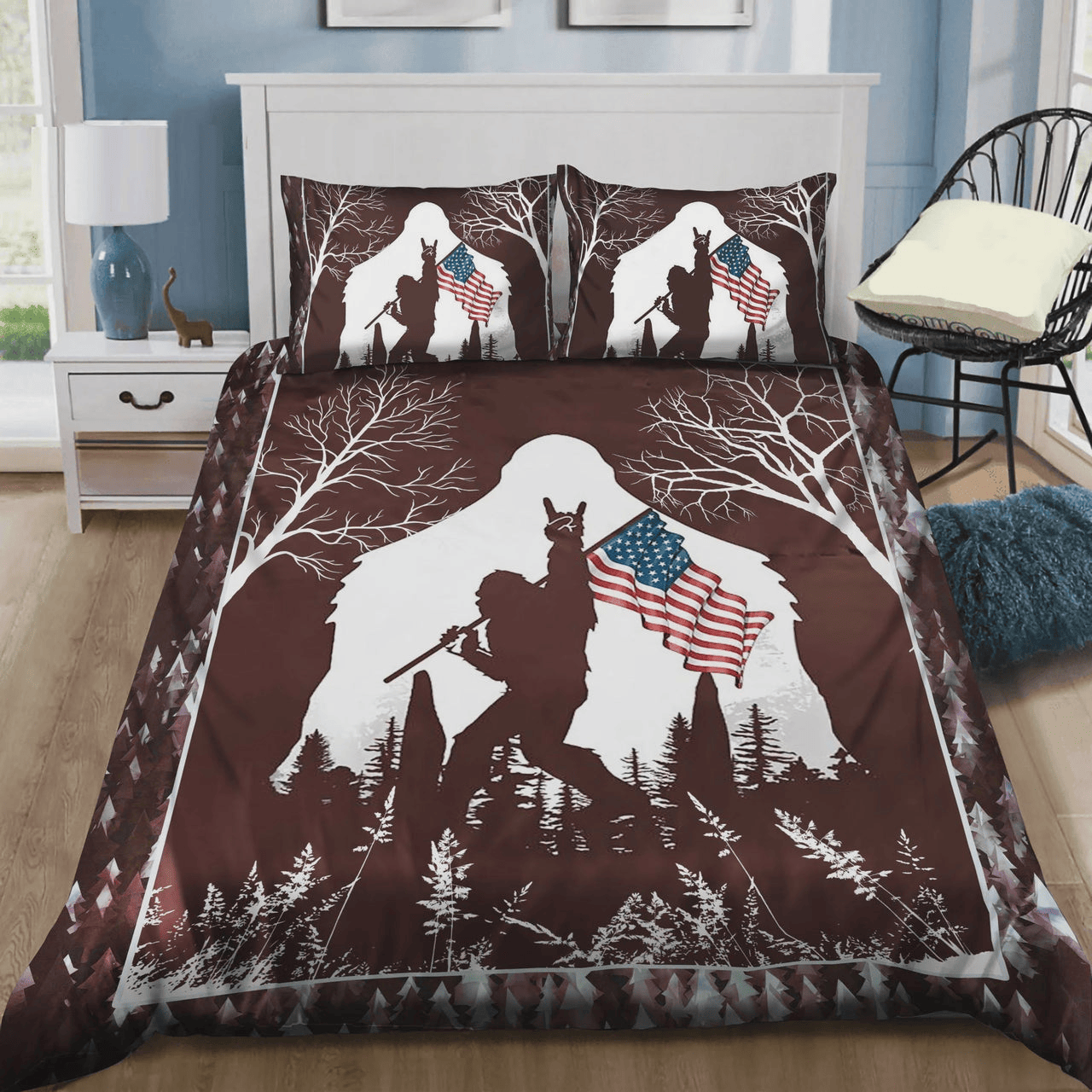 Bigfoot Bedding Set Bigfoot Rock And Roll Usa Flag In The Forest Duvet Covers Brown Unique Gift