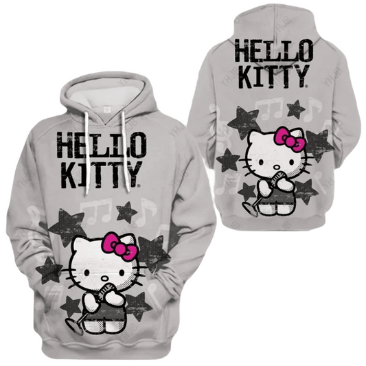 Hello Kitty Hoodie Hello Kitty Singing Stars Pattern Hoodie Black Gray Unisex