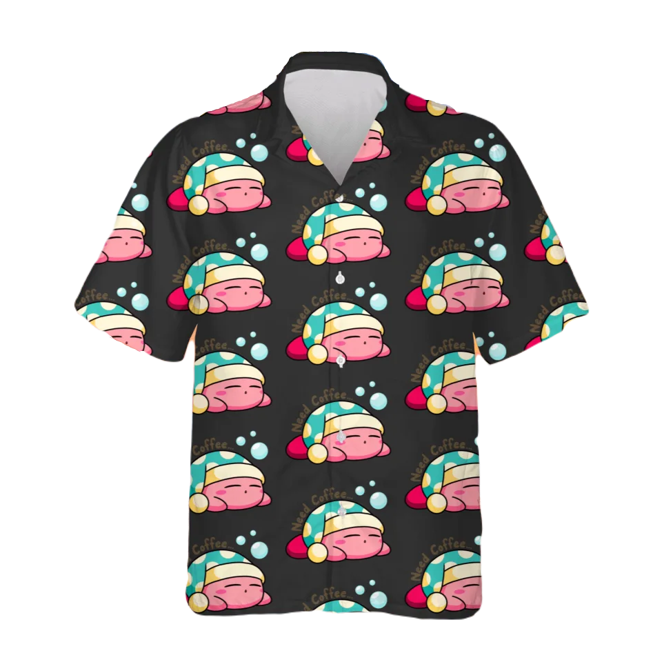 Kirby Hawaii Shirt Sleeping Kirby Need Coffee Pattern Hawaiian Shirt Black Unisex