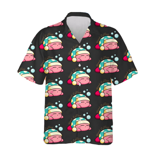 Kirby Hawaii Shirt Sleeping Kirby Need Coffee Pattern Hawaiian Shirt Black Unisex