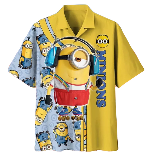 Minions Hawaii Shirt Headphone Minion Graphic Pattern Hawaiian Shirt Blue Yellow Unisex