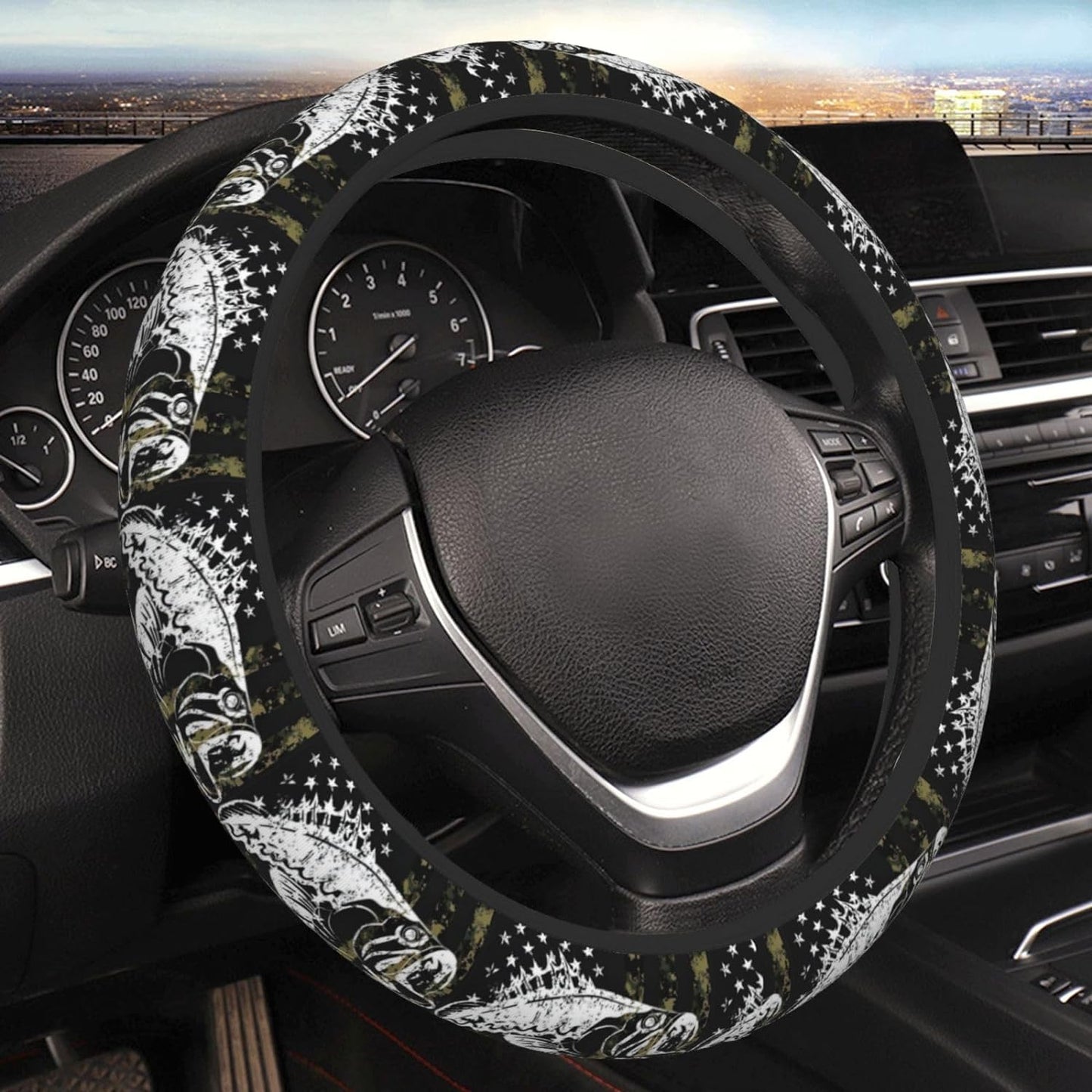 Fishing Steering Wheel Cover Fishing Bass Camoflage Pattern Driving Wheel Cover Black White